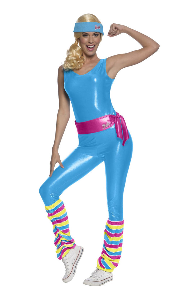 Barbie blue workout costume with head band, leg warmers and pink waist sash