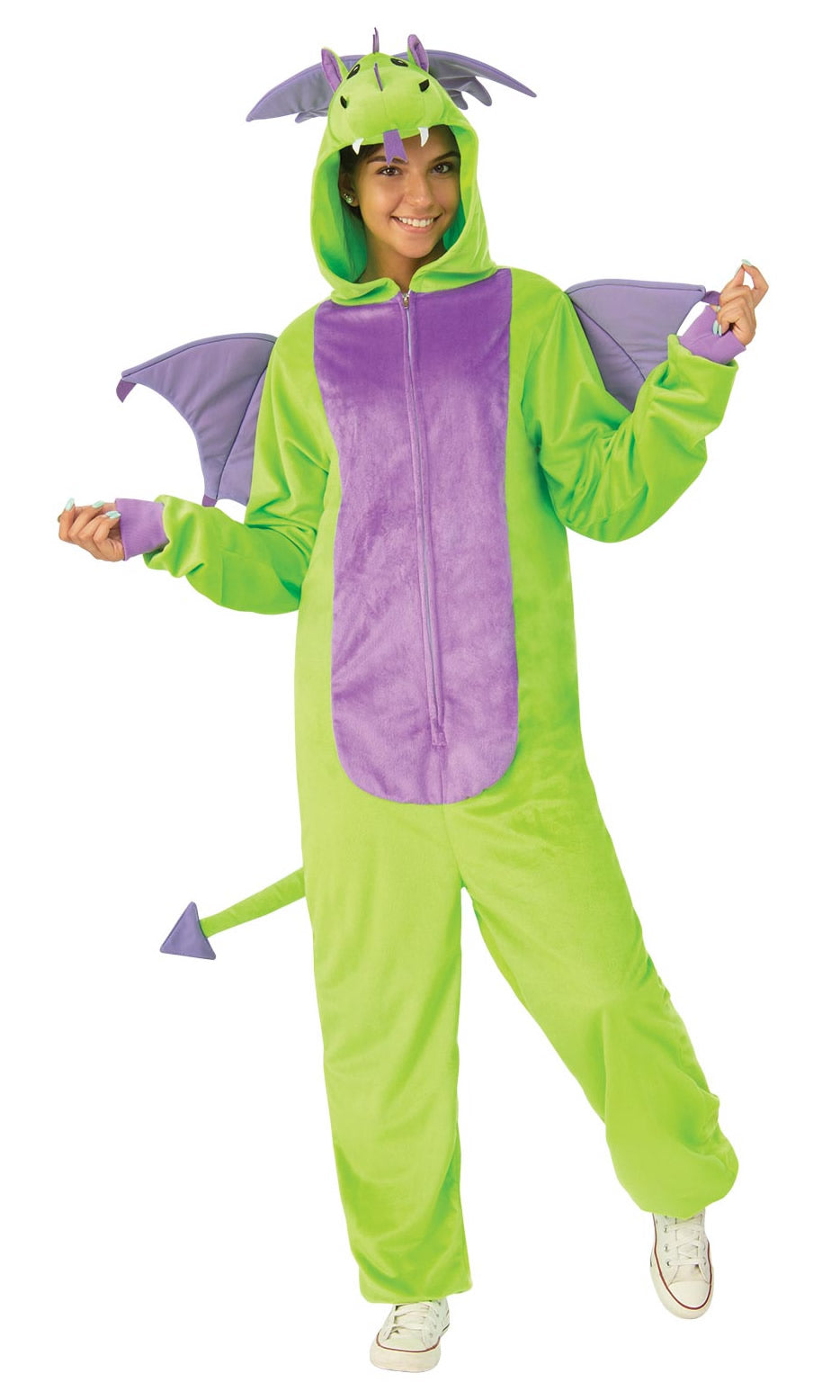 A woman wearing a green and purple dragon costume