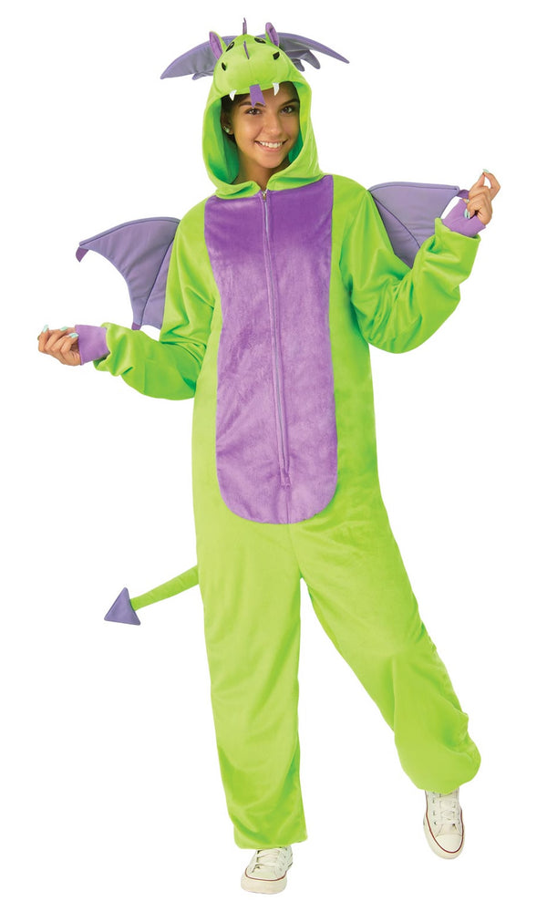 A woman wearing a green and purple dragon costume
