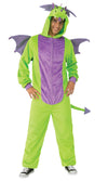A man wearing a green and purple dragon costume