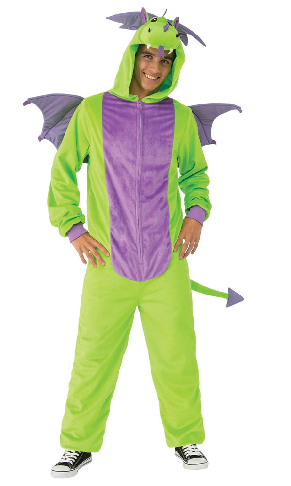 A man wearing a green and purple dragon costume