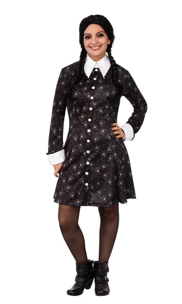 Short black Wednesday Addams dress with small skull print and white cuffs and collar