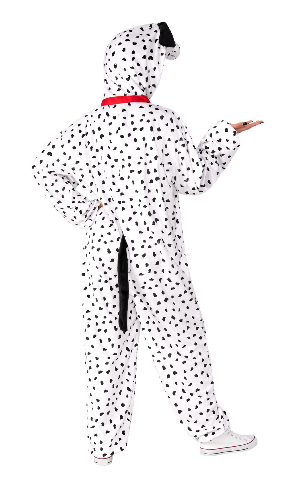 Back of a person wearing a Dalmatian costume with a hood and spots