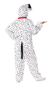 Back of a person wearing a Dalmatian costume with a hood and spots