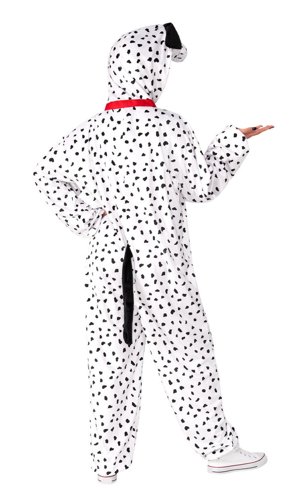 Back of a person wearing a Dalmatian costume with a hood and spots