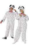 Two people wearing Dalmatian-themed onesies