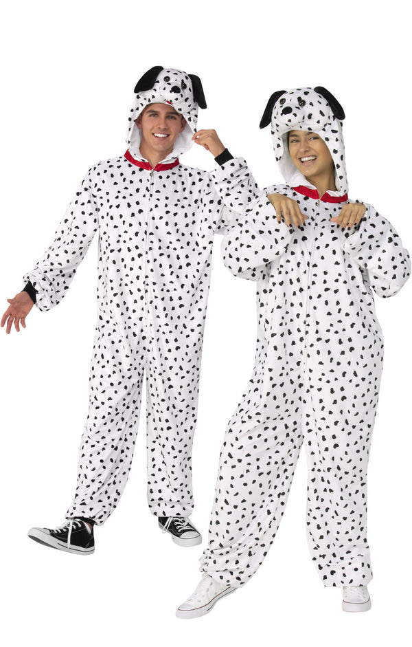 Two people wearing Dalmatian-themed onesies