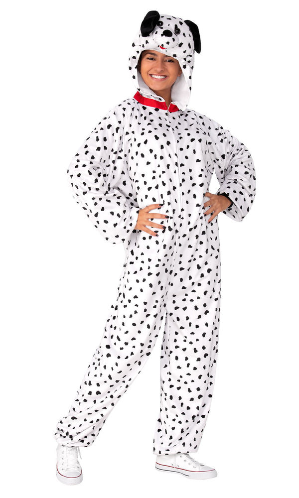 A woman wearing a Dalmatian costume with a hood and spots