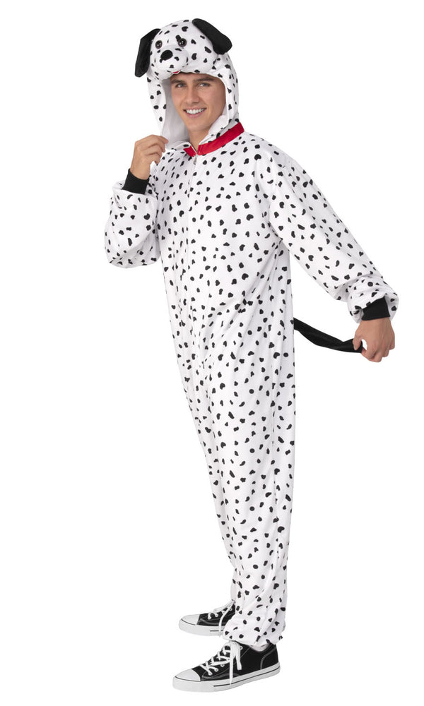 A man wearing a Dalmatian costume with a hood and spots