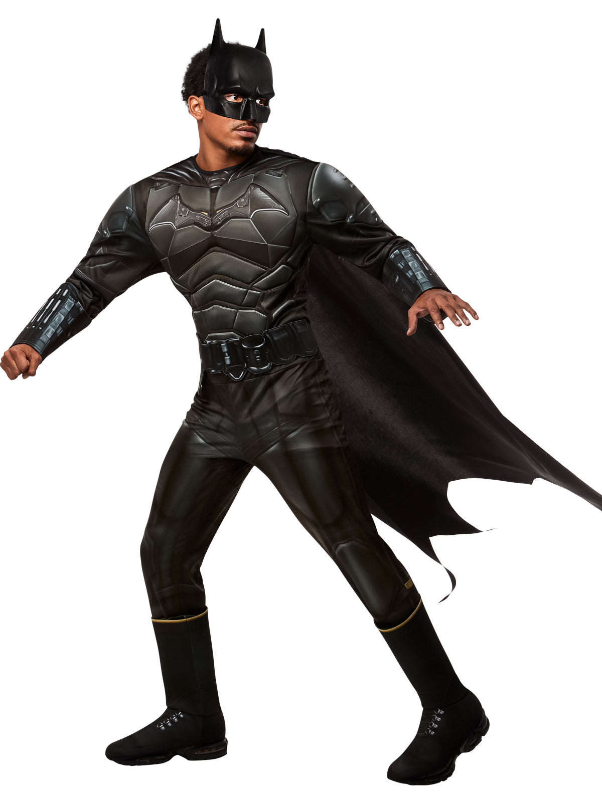 A man wearing a detailed Batman costume