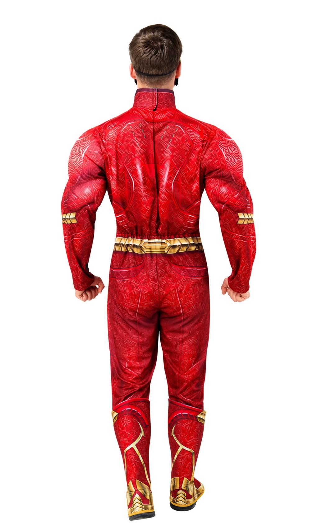 Back of a person wearing a red The Flash superhero costume with gold accents