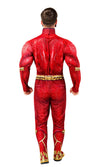 Back of a person wearing a red The Flash superhero costume with gold accents