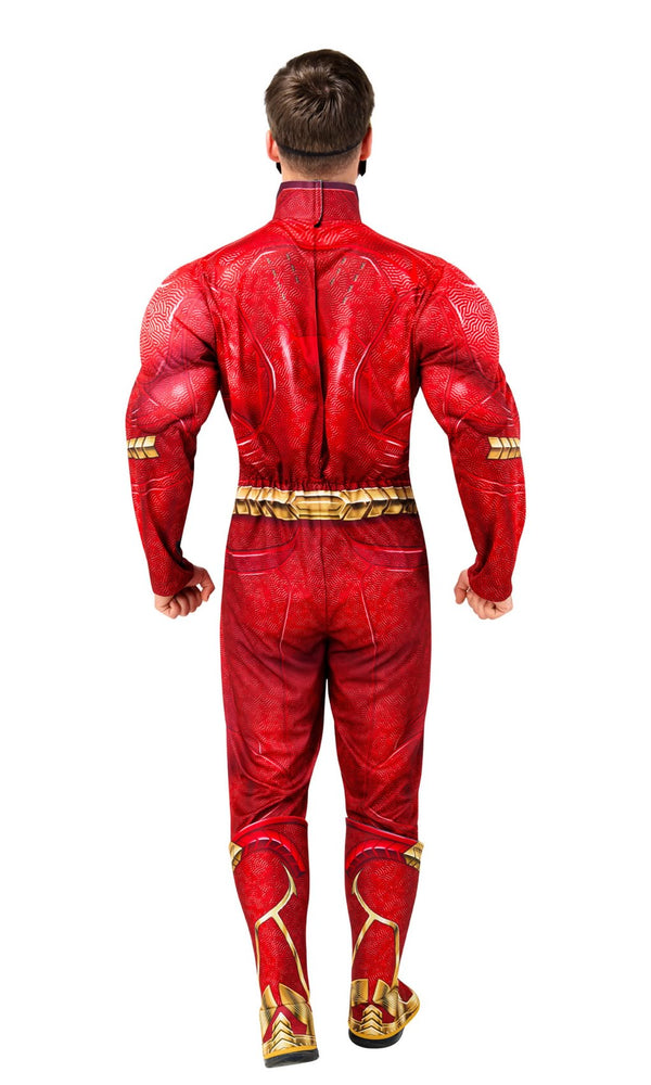 Back of a person wearing a red The Flash superhero costume with gold accents