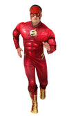 Person wearing a red The Flash superhero costume with gold accents