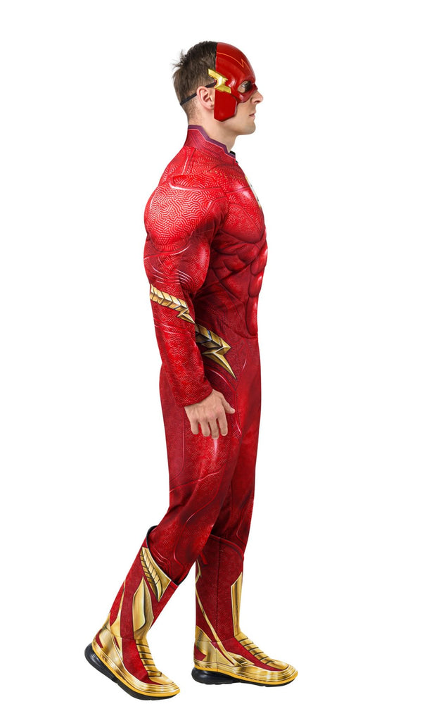 Side of a person wearing a red The Flash superhero costume with gold accents