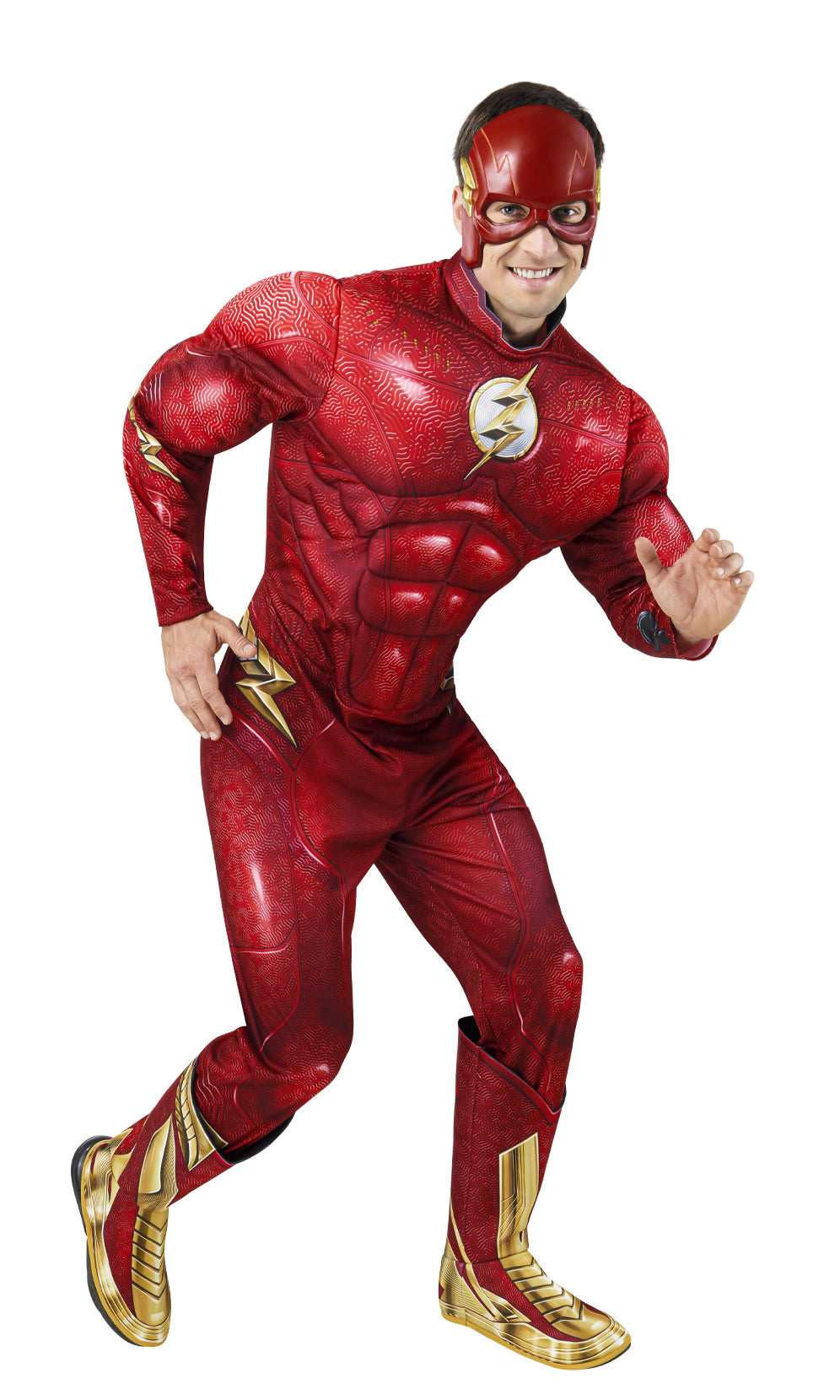 Person wearing a red The Flash superhero costume with gold accents