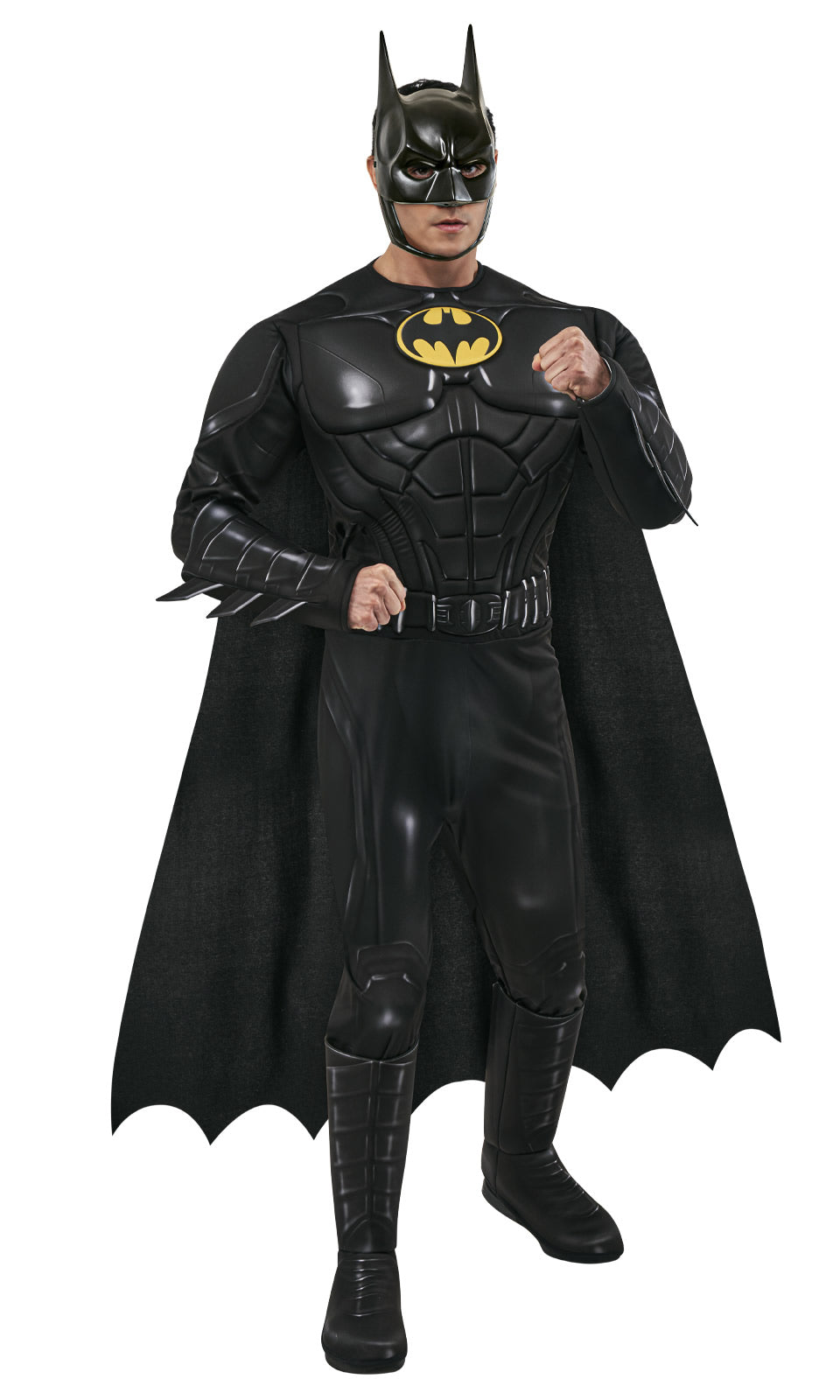 A man wearing a detailed Batman costume with cape and mask