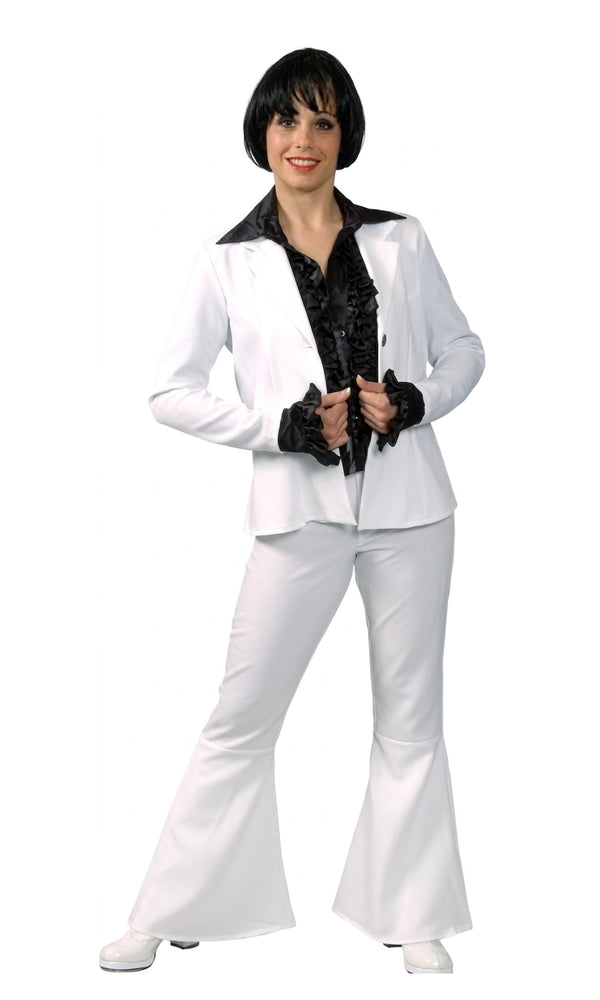 A woman wearing a 70s fever disco suit with flared pants and a black silk blouse