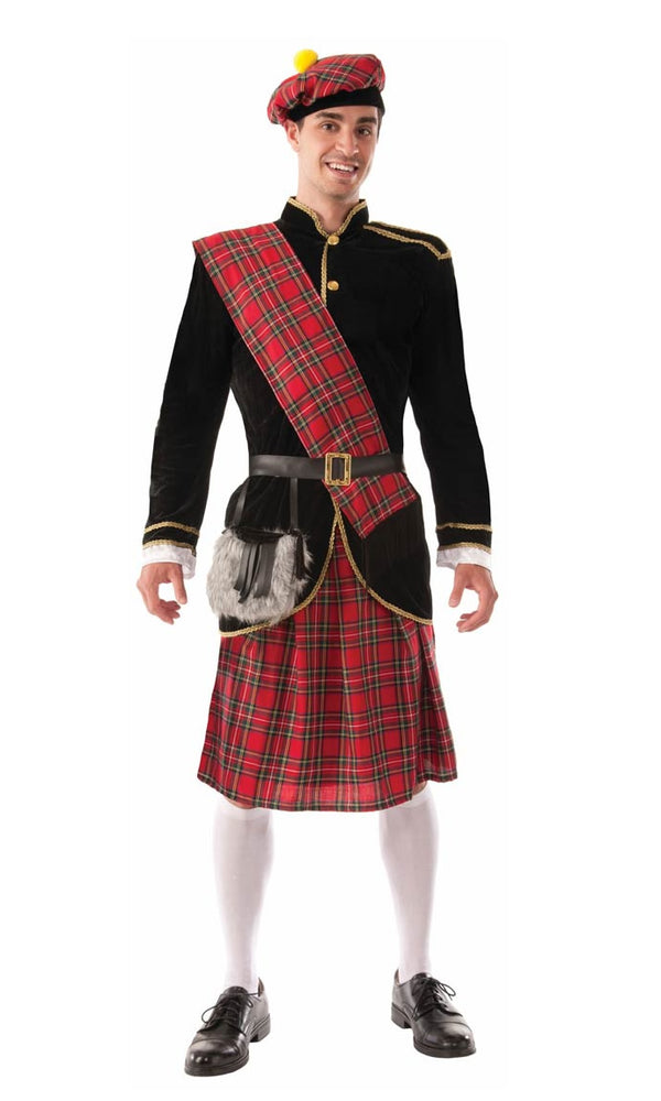 Men's Scottish costume with black jacket, red tartan kilt, bag, tartan hat and belt