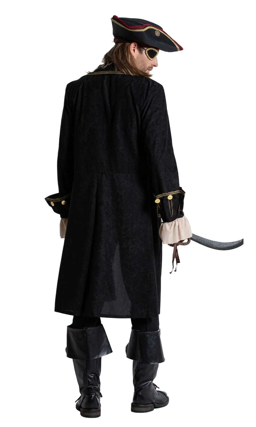 A man modeling a pirate costume from the back, featuring a long black coat with gold trim, a black tricorn hat, an eyepatch, a curved sword, and black boots.