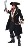 A man modeling a pirate costume, holding a toy sword. The costume includes a black tricorn hat with red and gold trim, a long black coat with gold trim, a brown vest, a cream shirt, and black pants and boots.