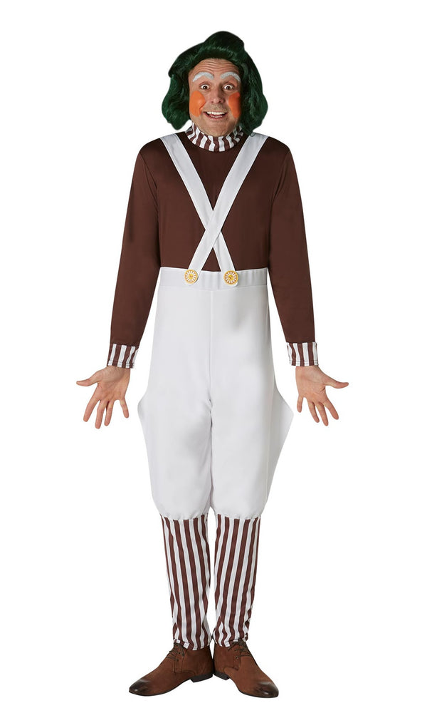 Man wearing an Oompa Loompa costume with white overalls, brown shirt, and striped socks