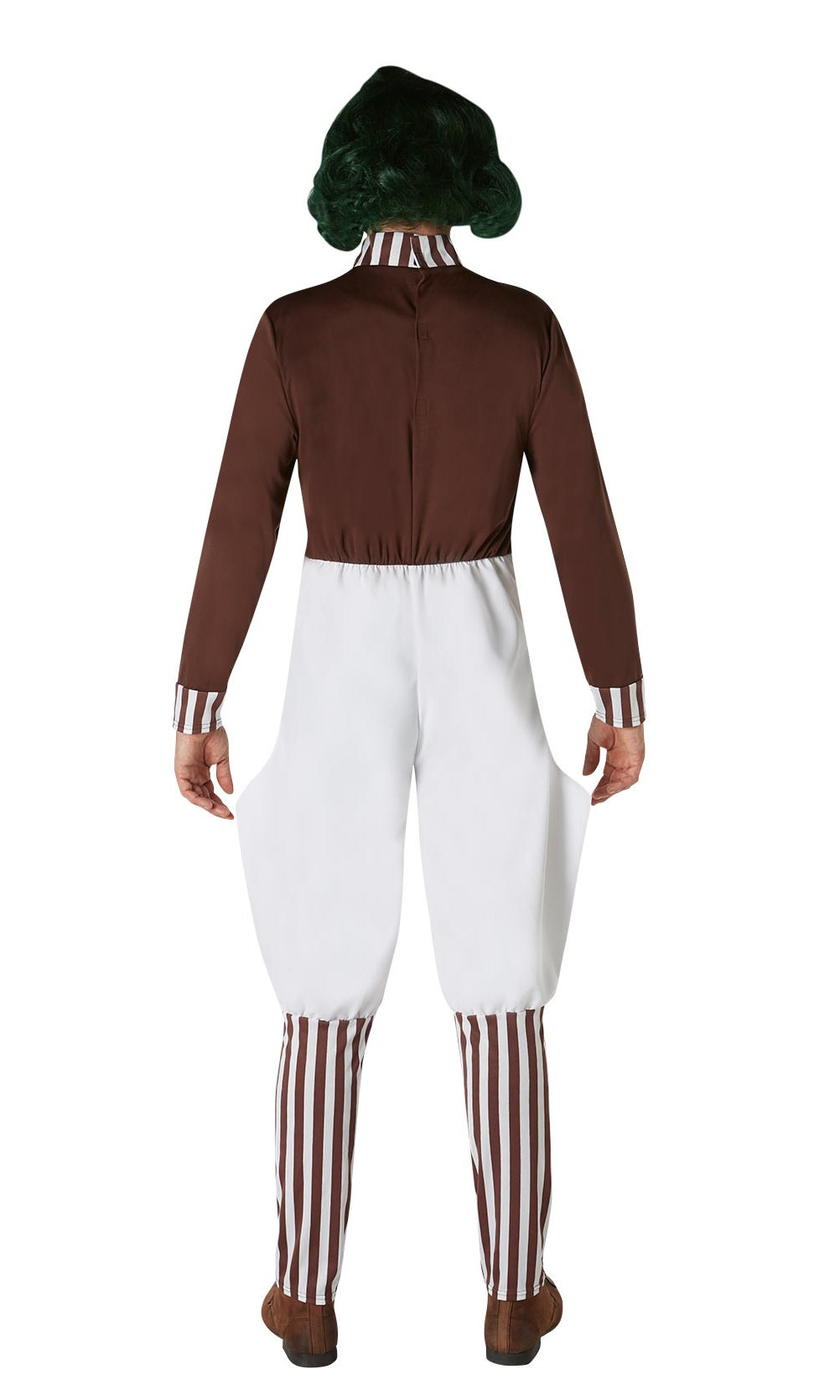 Back of a man wearing an Oompa Loompa costume with white overalls, brown shirt, and striped socks