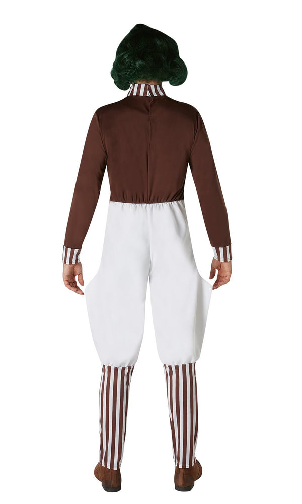 Back of a man wearing an Oompa Loompa costume with white overalls, brown shirt, and striped socks