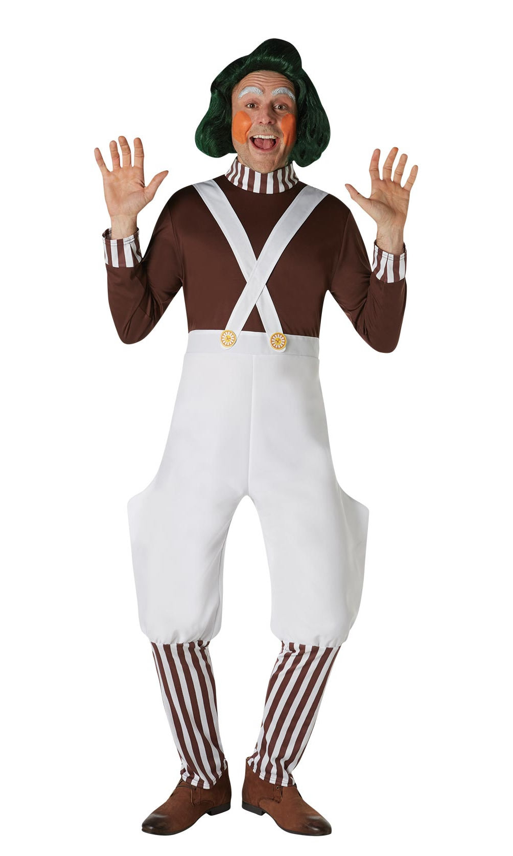 Man wearing an Oompa Loompa costume with white overalls, brown shirt, and striped socks