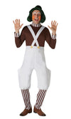 Man wearing an Oompa Loompa costume with white overalls, brown shirt, and striped socks