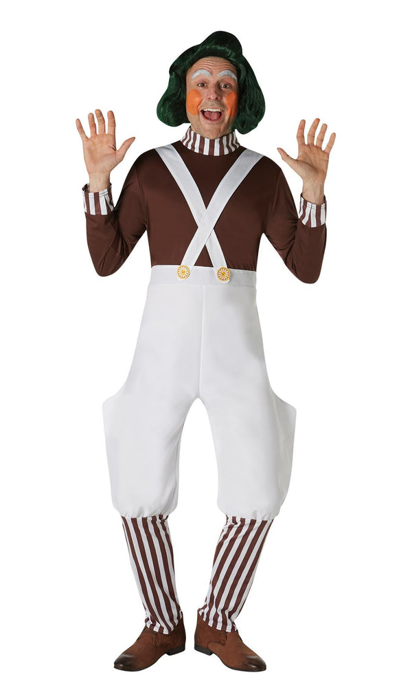 Man wearing an Oompa Loompa costume with white overalls, brown shirt, and striped socks
