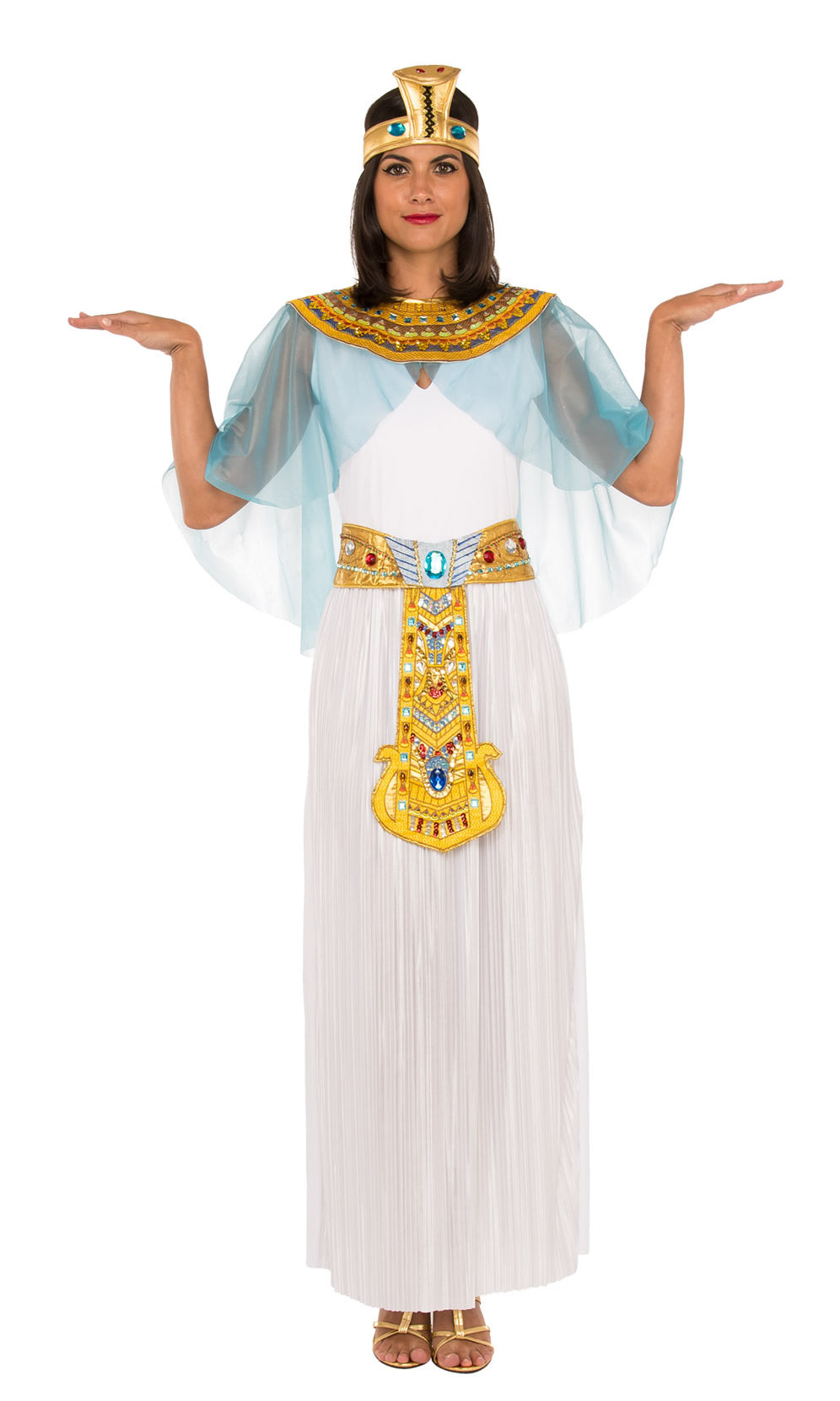 White and gold Cleopatra dress with collar and cape, with headpiece and belt