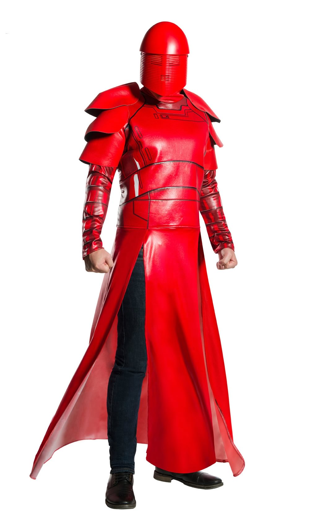 A person wearing a red, armored costume resembling a Praetorian guard from Star Wars, with attached foam backed armor pieces and a two-piece moulded helmet.