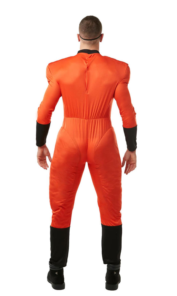 Back of Mr Incredible red muscle jumpsuit costume with mask