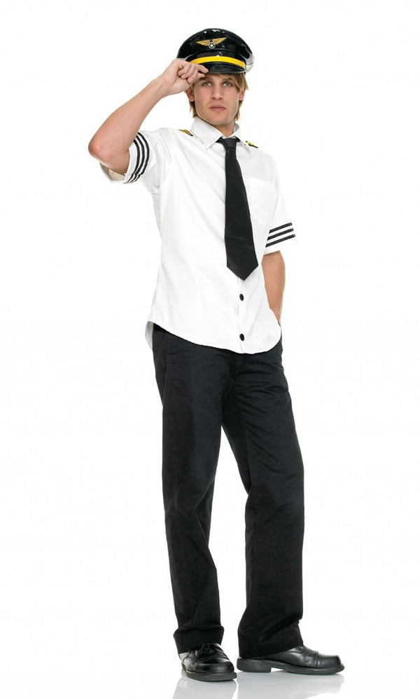 White pilot top with black stripes, hat and black tie