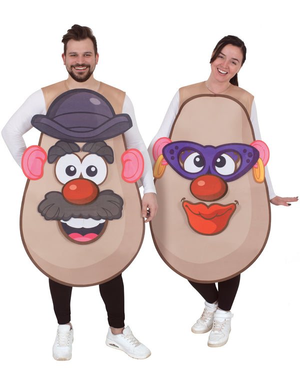 Two people wearing potato head costumes with exaggerated facial features
