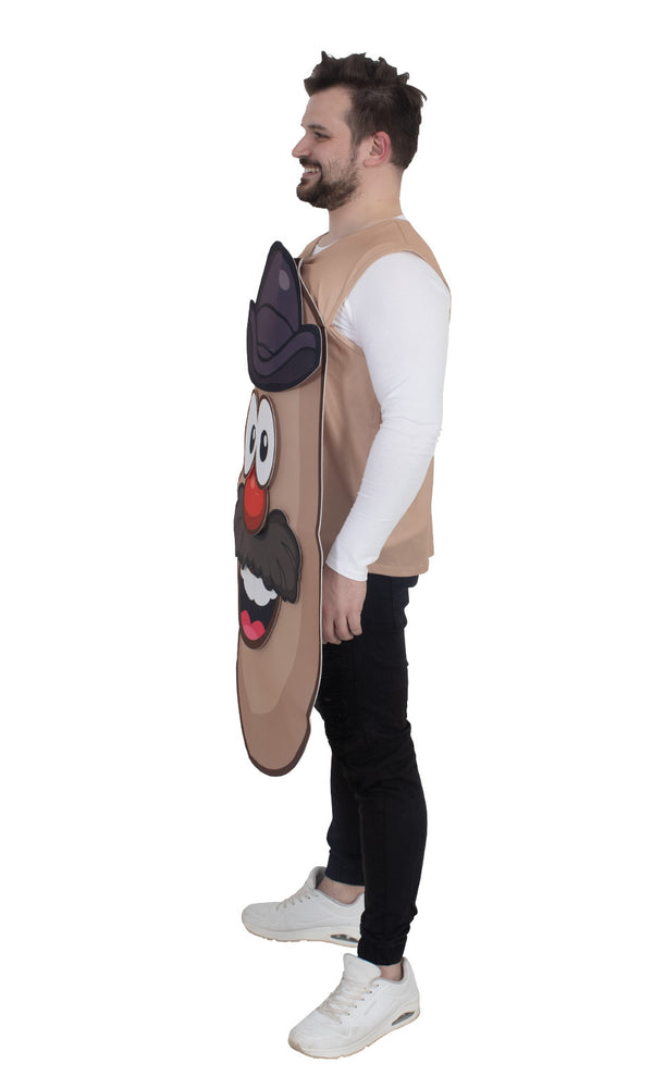 Side view of a man wearing a Mr. Potato Head costume
