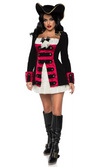 A womens short black and red pirate dress shown with matching hat and boot covers