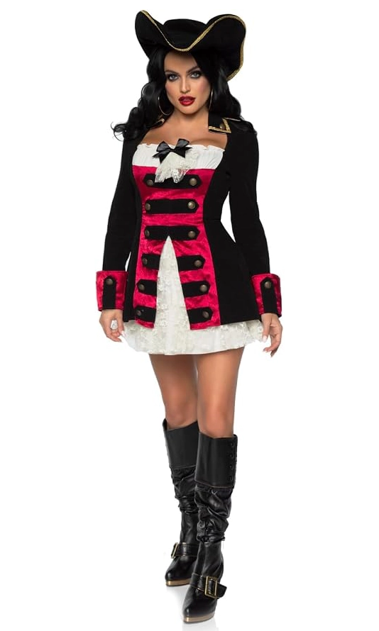 A womens short black and red pirate dress shown with matching hat and boot covers