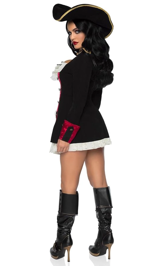 Back of a womens short black and red pirate dress shown with matching hat and boot covers