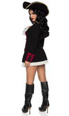 Back of a womens short black and red pirate dress shown with matching hat and boot covers