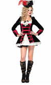 A womens short black and red pirate dress shown with matching hat and boot covers