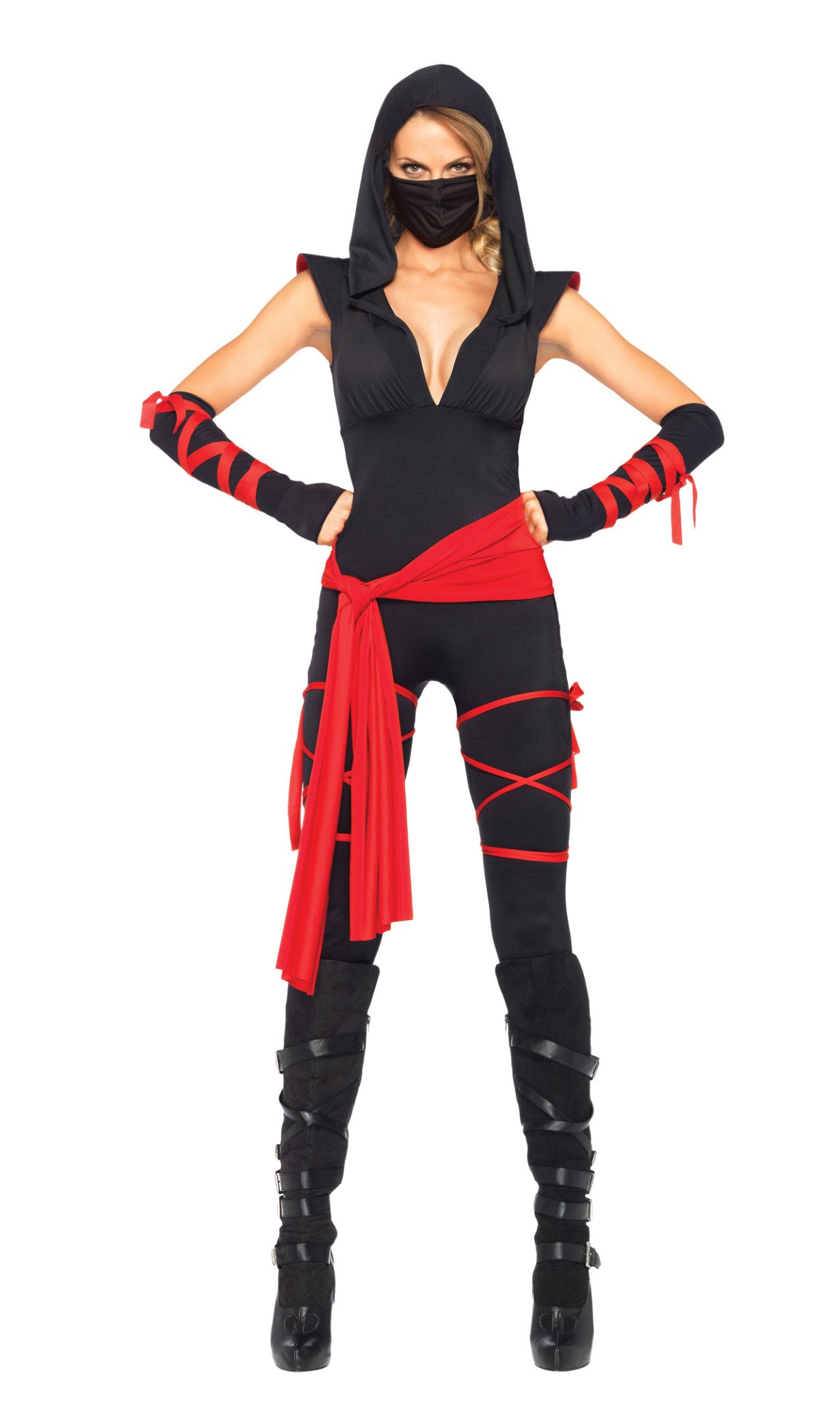 Black and red ninja costume with hood and gloves