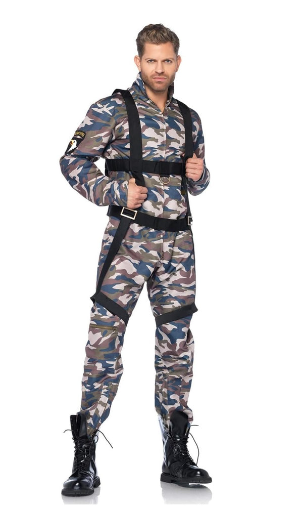 Camouflage paratrooper costume with harness
