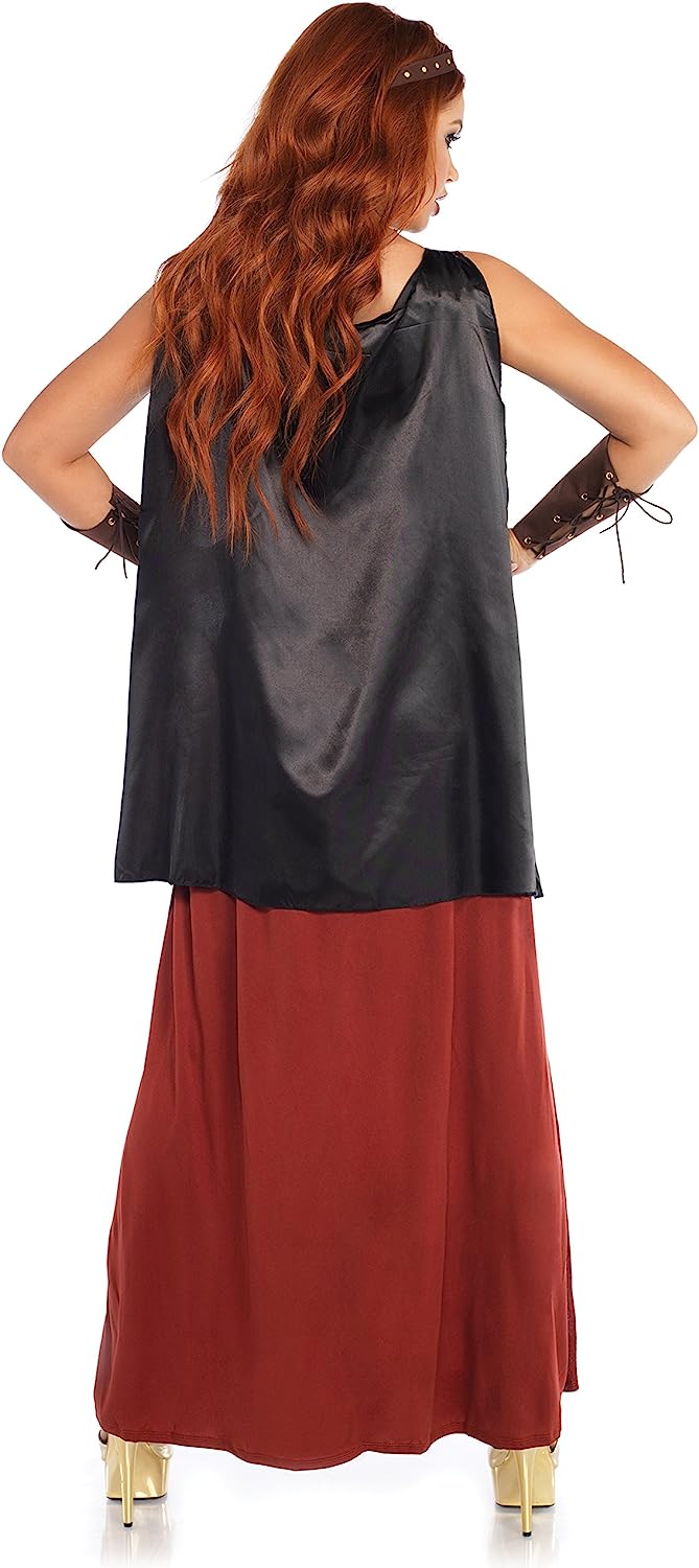 Back of women's medieval style warrior dress with cape and wristcuffs
