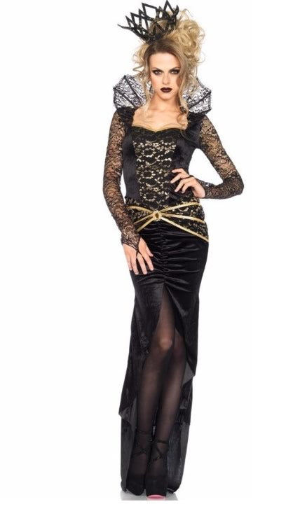 Long black Evil Queen dress with lace collar and felt crown