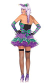 Back of strapless Jester dress ruffle choker, gloves and headband