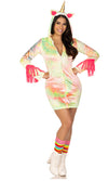 A woman modeling a pastel tie-dye unicorn costume dress with a hood, pink fringes, a horn, and matching striped socks.