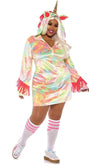 A woman modeling a plus size pastel tie-dye unicorn costume dress with a hood, pink fringes, a horn, and matching striped socks.