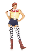 A woman modeling a Woody-inspired costume. The costume includes a yellow gingham top with red trim, dark blue shorts, white thigh-high stockings with black cow-print spots, and brown boots.